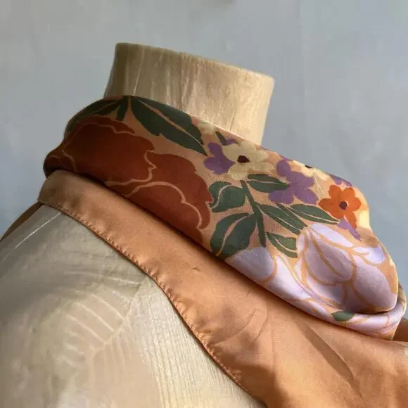 Vintage Silk? Floral Handmade Printed Scarf Orange White Yellow Square 24x24 - Picture 2 of 15